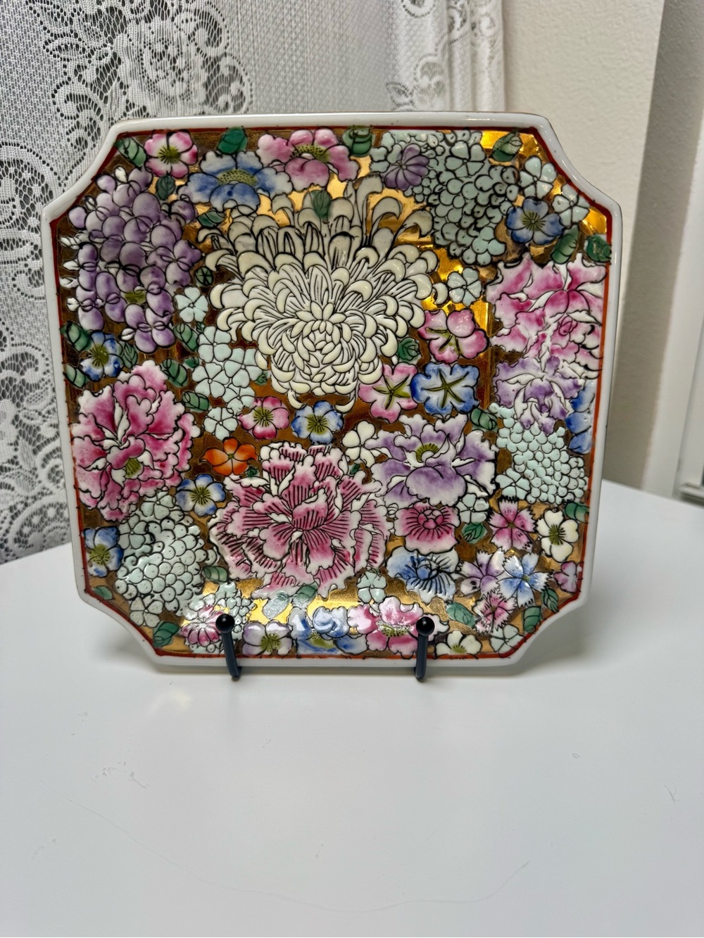 Vintage Andrea By Sadek Hand-Painted Millifleur Floral Porcelain Plate-8” Square